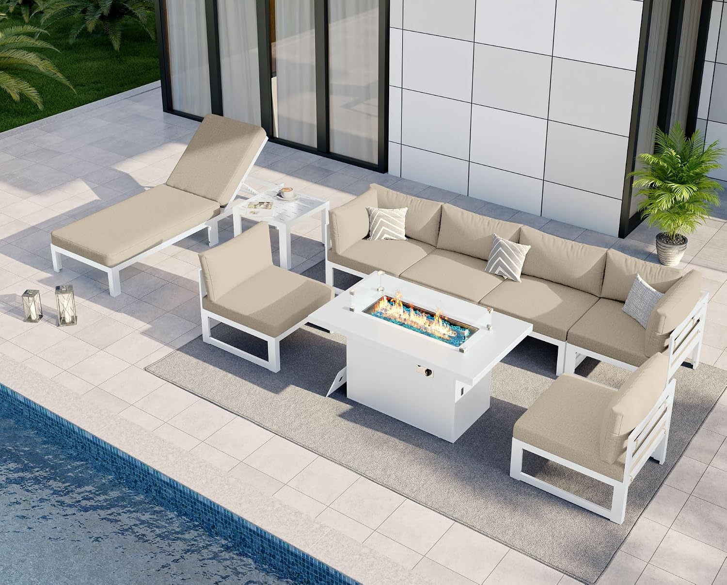 NICESOUL Extra Large Luxury Aluminum Outdoor Sectional Sofa with Lounger, Weather Resistant Modular Patio Furniture Set for 7 People, 500 lbs Heavy Duty Conversation Couch for Poolside Garden, Beige