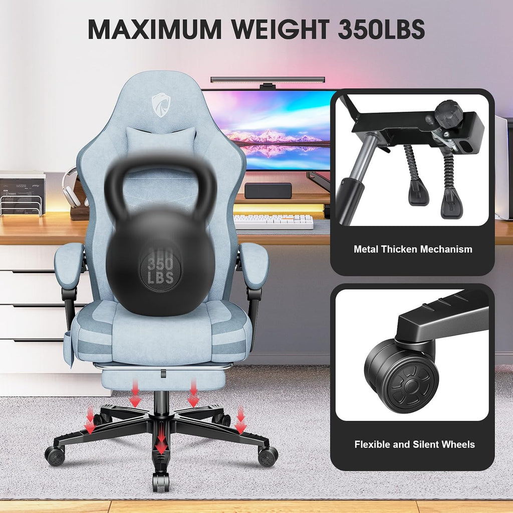 Gaming Chair, Fabric Computer Office Chair with Massage, Ergonomic Chair with Footrest Lumbar Support, Pocket Spring Widened Cushion Metal Legs 350LBS Blue