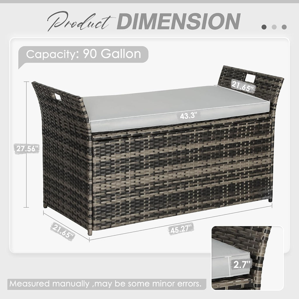 90 Gallon Patio Storage Bench, Outdoor Wicker Deck Box with Cushion, PE Rattan Box with Handles (Grey)