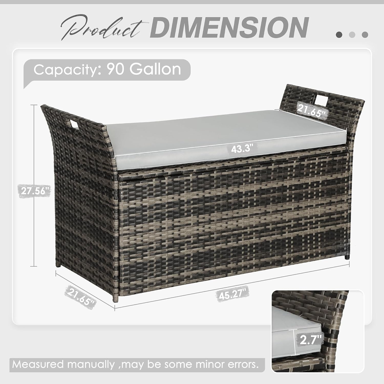 90 Gallon Patio Storage Bench, Outdoor Wicker Deck Box with Cushion, PE Rattan Box with Handles (Grey)