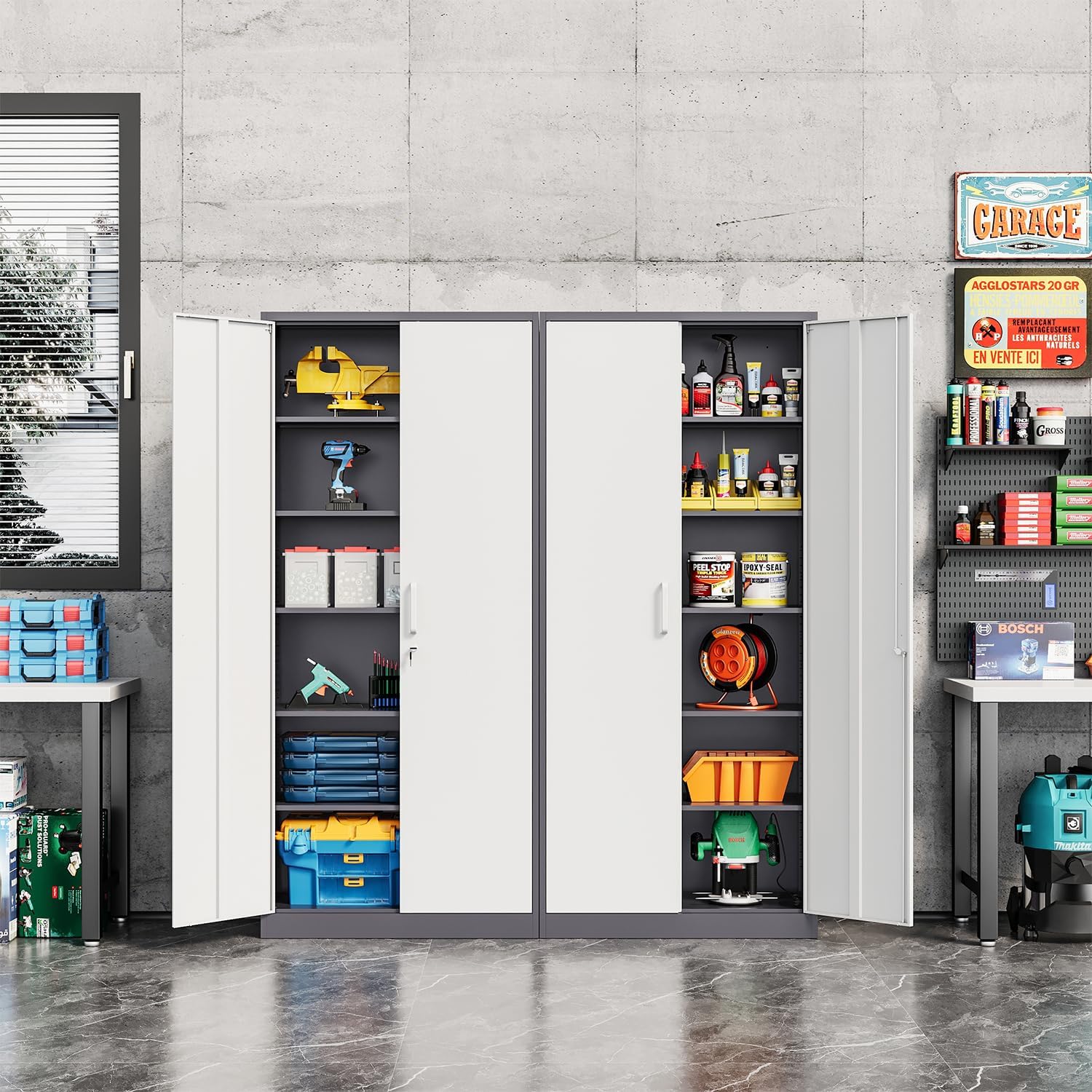 Fesbos Metal Cabinet Steel Storage Cabinet - 71' Tall Steel File Cabinets with Lockable Doors and 5 Adjustable Shelves Gray&White Storage Cabinets for Home, School, Office, Garage