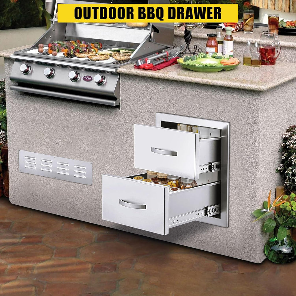 14W x 23D x 15H Inch Outdoor Kitchen Drawers Stainless Steel, Flush Mount Double Drawers with Stainless Steel Handle, Venting Panel Weatherproof for Kitchen Island Patio, Grill Station