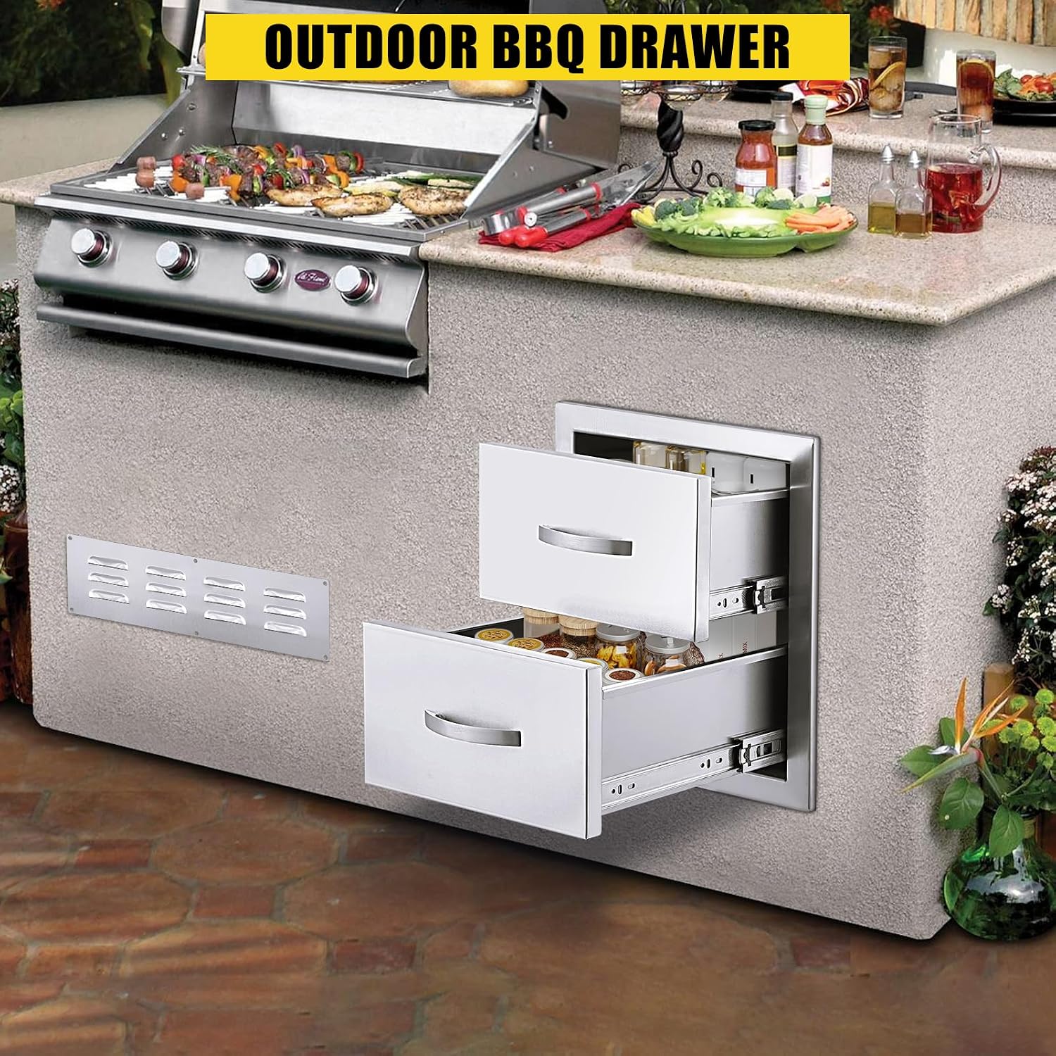 14W x 23D x 15H Inch Outdoor Kitchen Drawers Stainless Steel, Flush Mount Double Drawers with Stainless Steel Handle, Venting Panel Weatherproof for Kitchen Island Patio, Grill Station