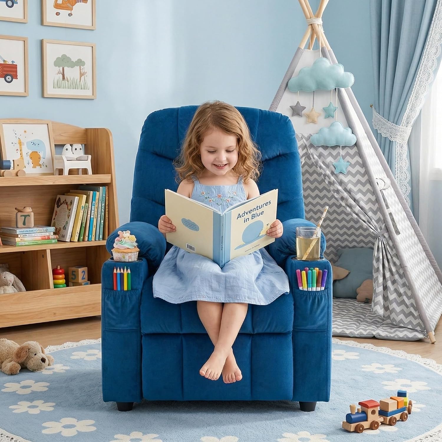 Donut Larger Kids Reclining Chair Velvet Fabric Recliner Sofa Push Back Lounge Children Toddler Boys Girls Ages 3-12 with Dual Cup Holders and 4 Pockets