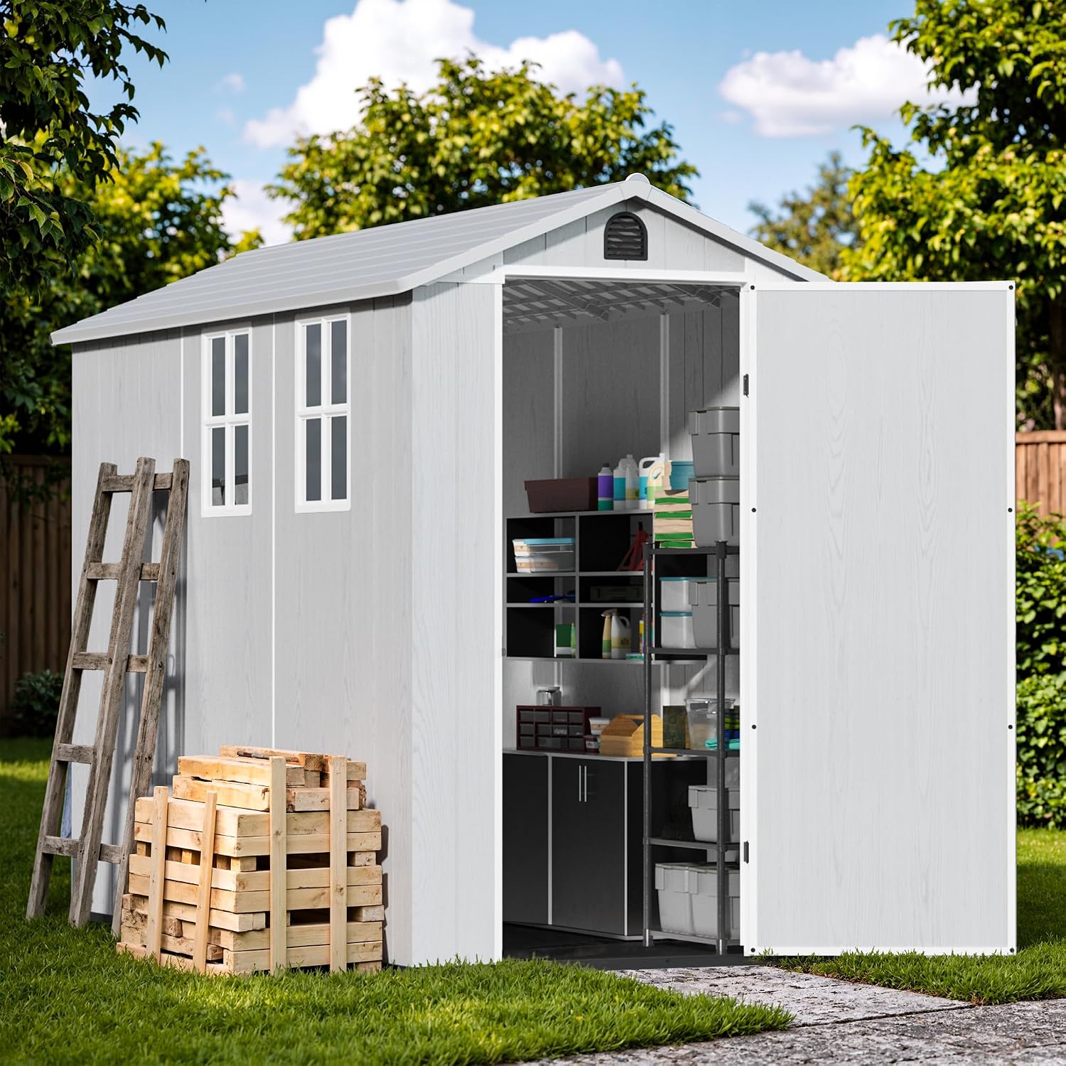 Devoko 4×8 FT Resin Storage Shed with Floor, Garden Plastic Outdoor Shed with Window and Lockable Door, Waterproof Outside Tool shed for Backyard Patio, Light Grey