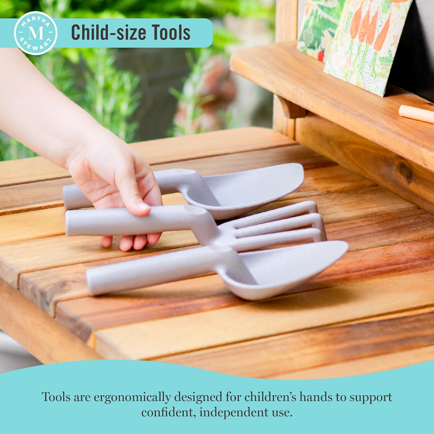 Martha Stewart Kids' Outdoor Potting Bench: Wooden Mud Kitchen Playset w/Pots, Gardening Tools, Chalkboard, Removable Sink | Kids' Pretend Play Furniture, Sensory Mud Table w/Storage for Backyard