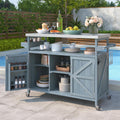 Merax Outdoor Kitchen Island, Rolling Bar Cart & Storage Cabinet, Farmhouse Solid Wood Outdoor Grill Table with Stainless Steel Top, Spice Rack, Towel Rack for Kitchen & BBQ, Grey Blue