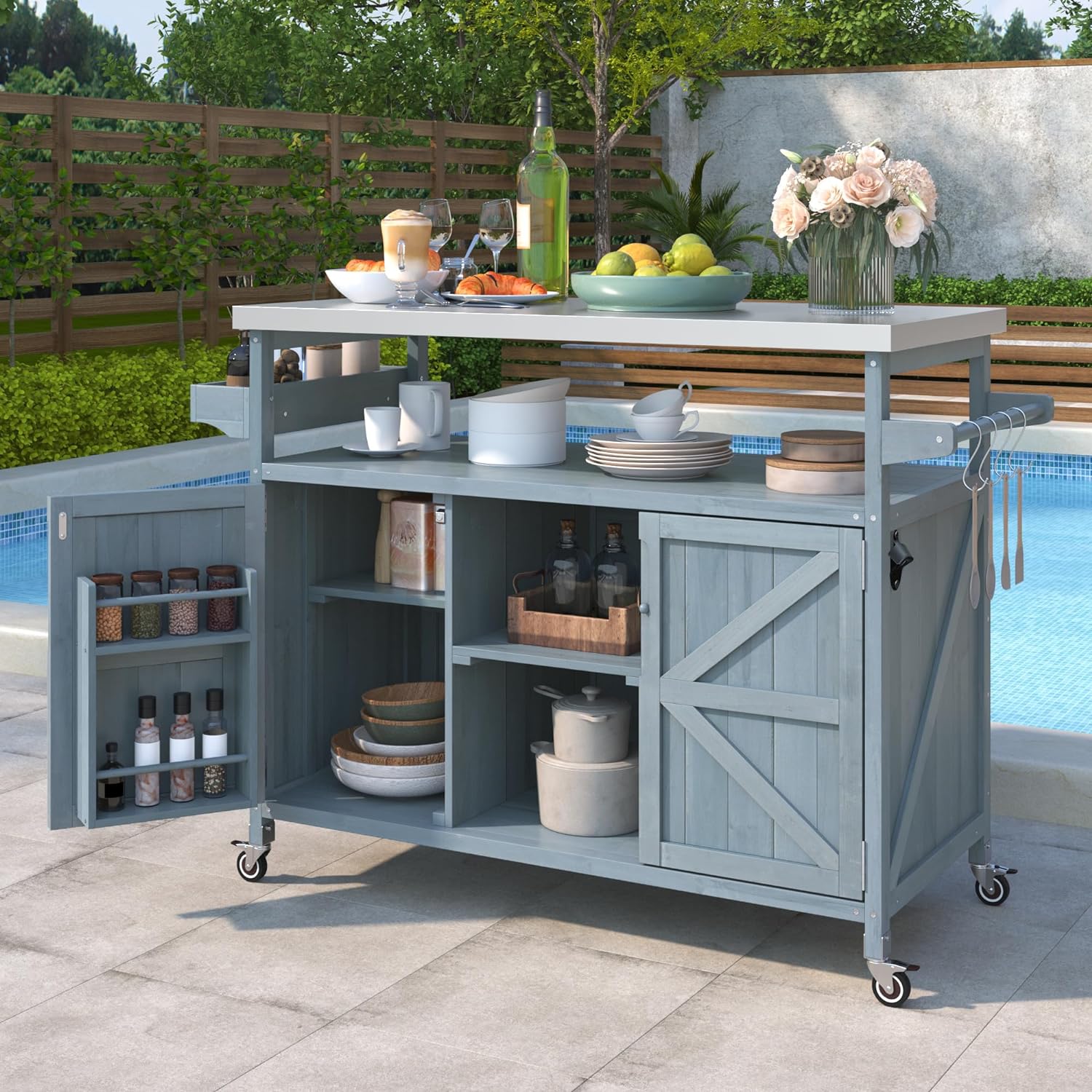 Merax Outdoor Kitchen Island, Rolling Bar Cart & Storage Cabinet, Farmhouse Solid Wood Outdoor Grill Table with Stainless Steel Top, Spice Rack, Towel Rack for Kitchen & BBQ, Grey Blue