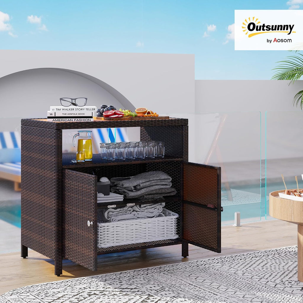 Outsunny Wicker Outdoor Storage Cabinet, Rattan Bar Table with Acacia Wood Countertop, 2 Doors and Shelf, Buffet Cabinet Sideboard for Poolside, Garden, Patio, Backyard, Brown