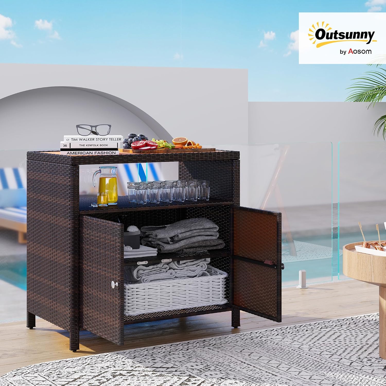 Outsunny Wicker Outdoor Storage Cabinet, Rattan Bar Table with Acacia Wood Countertop, 2 Doors and Shelf, Buffet Cabinet Sideboard for Poolside, Garden, Patio, Backyard, Brown