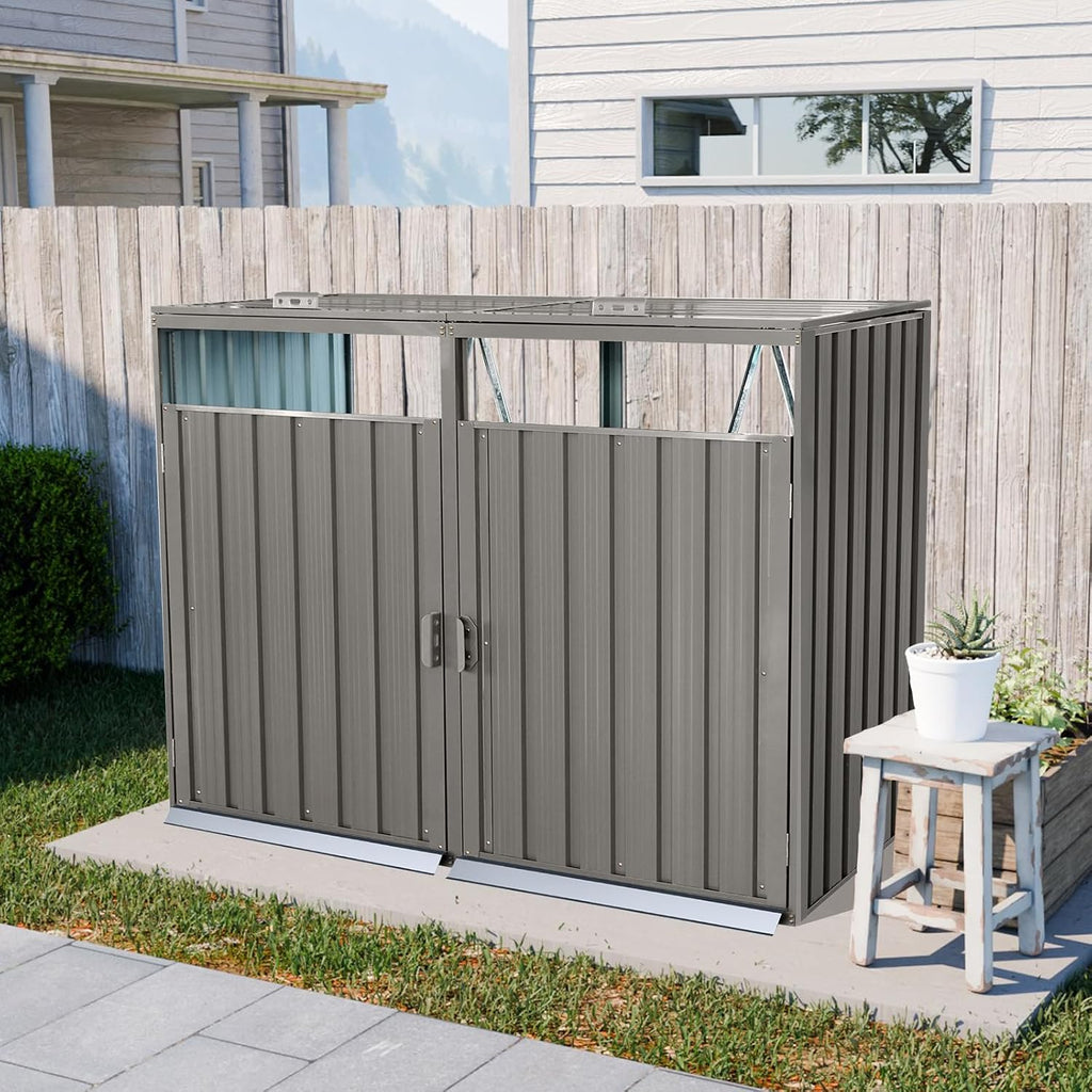 Outdoor Trash Can Storage, Storage Shed for 2 Trash cans and Tools,Waterproof Garbage Bin shed,Metal Trash Can Storage Shed Outdoor for Garden Yard(Light Grey-2 Doors)
