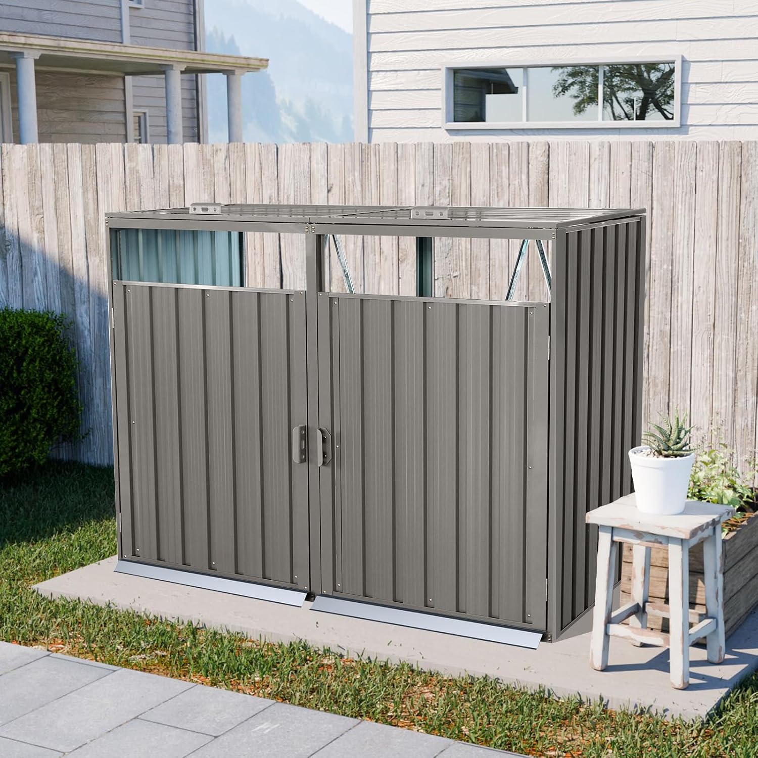 Outdoor Trash Can Storage, Storage Shed for 2 Trash cans and Tools,Waterproof Garbage Bin shed,Metal Trash Can Storage Shed Outdoor for Garden Yard(Light Grey-2 Doors)