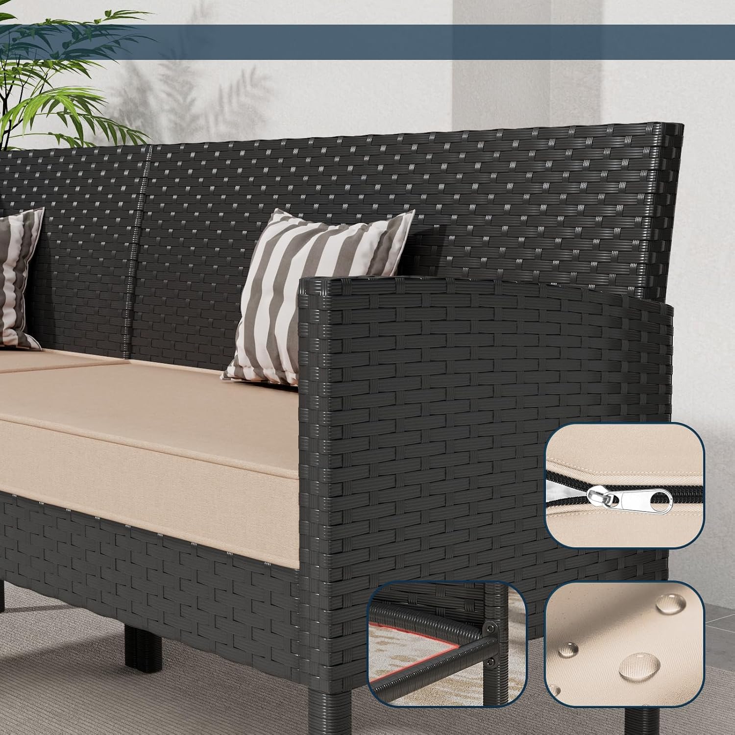 7 Piece Outdoor Dining Set, Patio Furniture with Cushions & 3 Pillows, Conversation Wicker Sectional Sofa Set with Long Glass Coffee Table for Garden, Porch, Lawn, Khaki