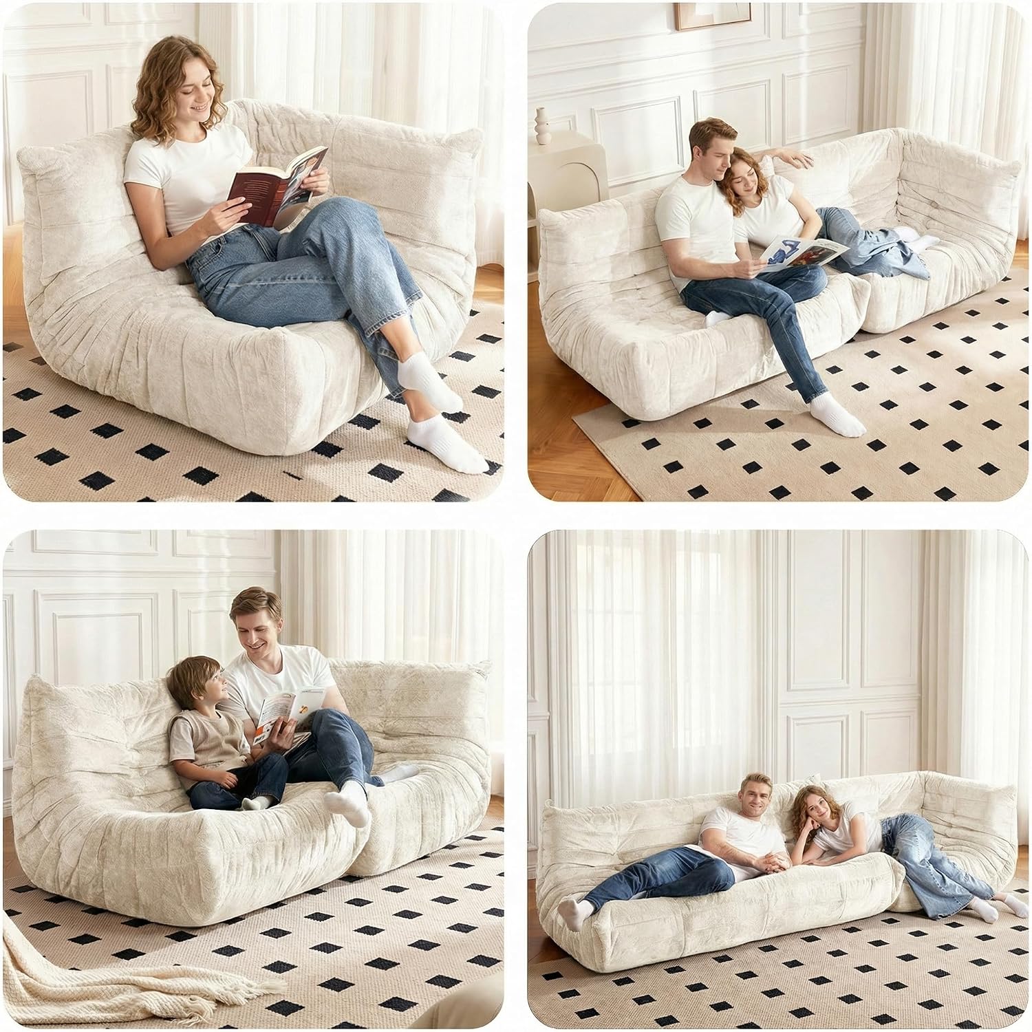 Bean Bag Chair, Memory Foam Bean Bag Chairs for Adults, Fireside Corner Chair Lazy Floor Corner Sofa for Living Room, Bedroom, Dorm, Office(Beige)
