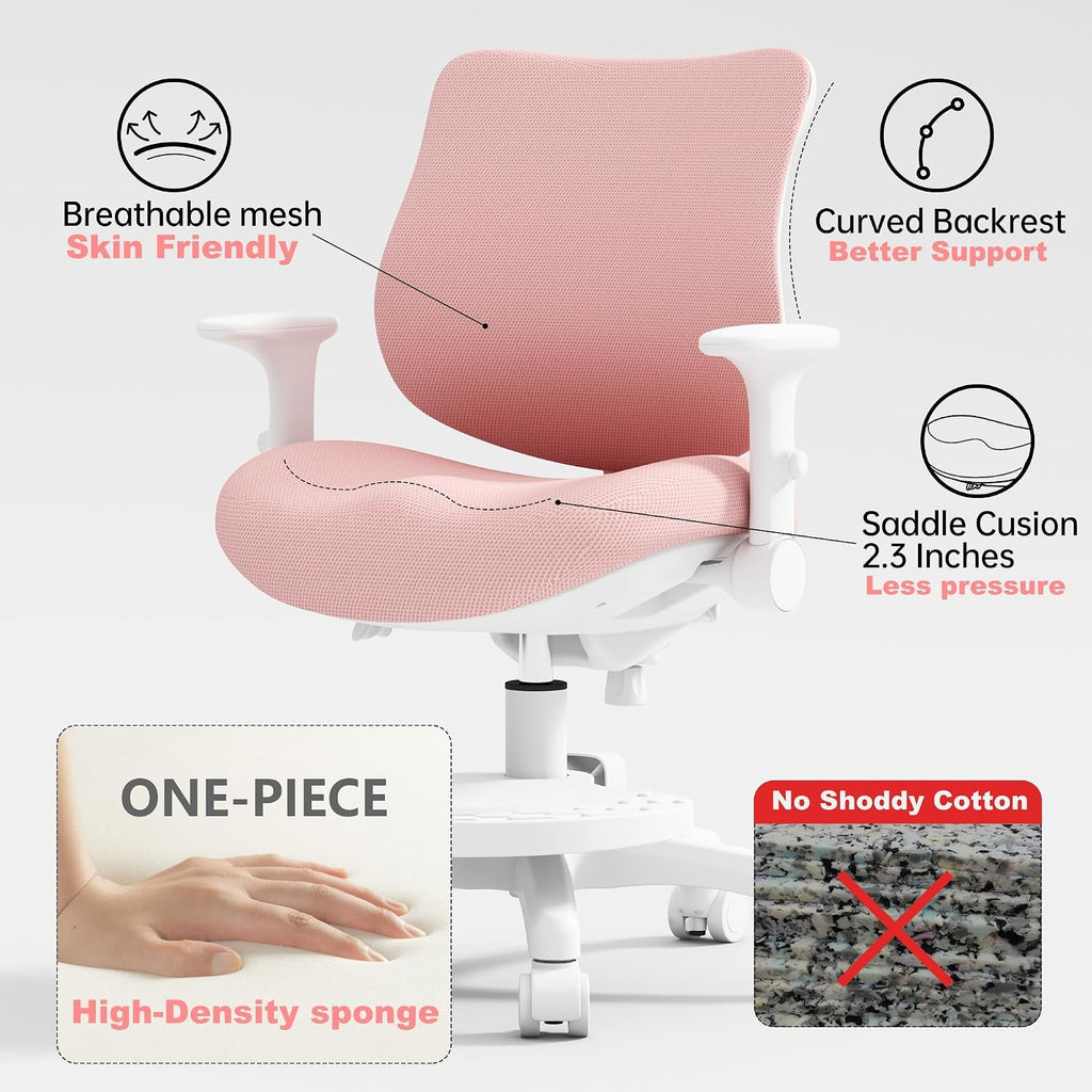 Desk Chair, Ergonomic Study Chair for Kids with Lumbar Support and Footrest, Adjustable Height, Flip-Up Armrests, Mesh Student Chair with Adjustable backrest, Model Deer (Pink)