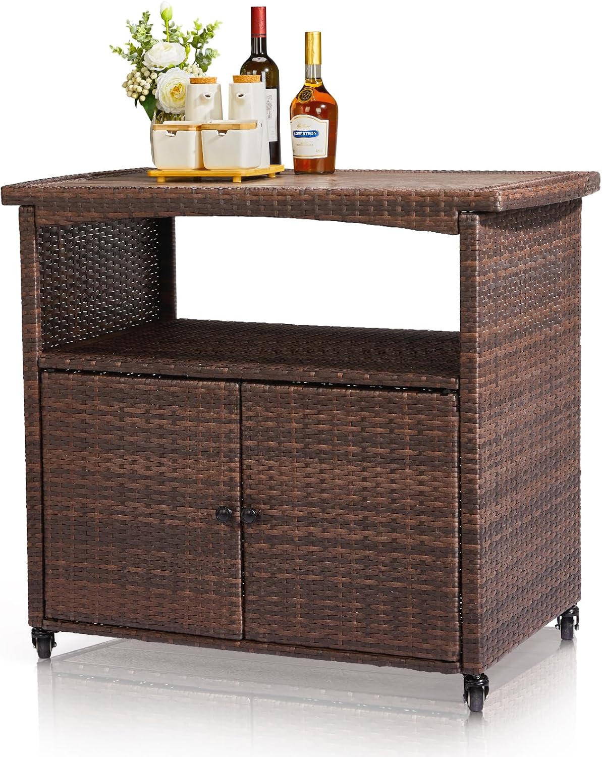 Outvita Patio Bar Table, Weatherproof Buffet Cabinet Wicker Outdoor Storage Cart with 2 Doors & Shelves Wooden Tabletop for Tableware Wine Bottle and Glass, Towels, and Potting Supplies