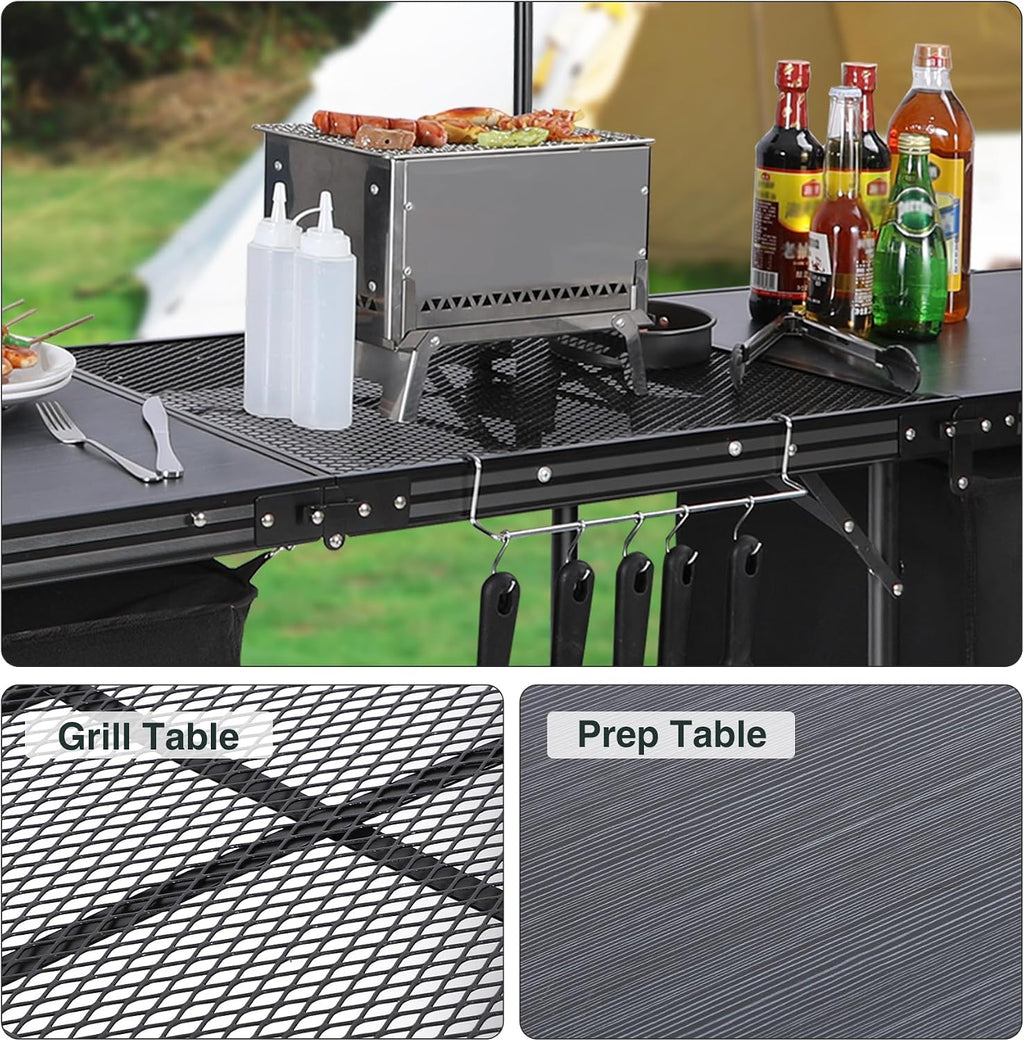 REDCAMP 6 ft Portable Camping Kitchen Table, Tri-fold Camping Grill Table Cook Station with Storage Organizer and Telescoping Light Stand for BBQ, Party and Picnic