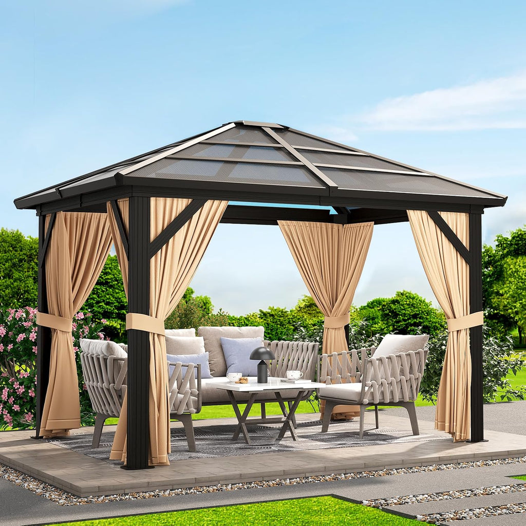 10'x10' Gazebo, Hardtop Outdoor Canopy Aluminum Frame Permanent Gazebo with Netting and Curtains, Polycarbonate Garden Tent for Patio, Lawn, Backyard, Deck