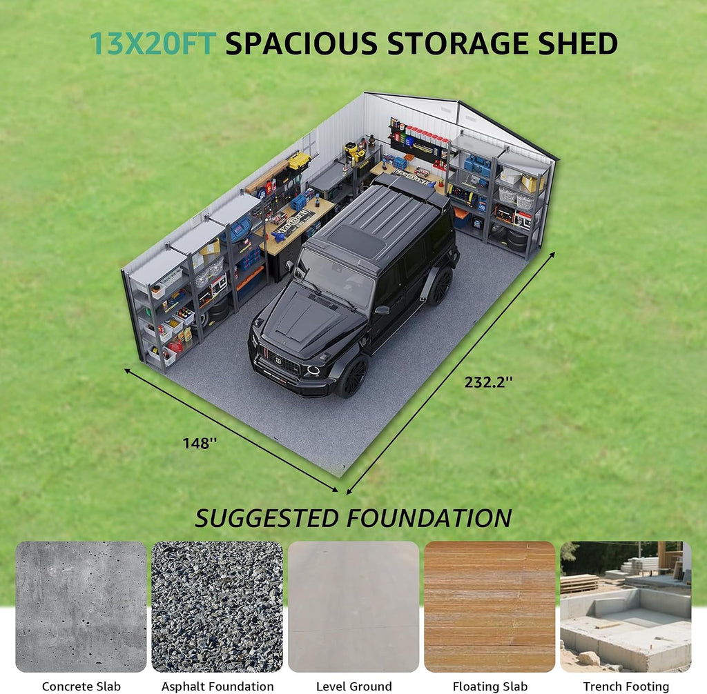YOPTO 13x20 FT Outdoor Storage Shed, Large Metal Garage Sheds with Two Windows and Two Translucent Panels,Tool House w/Free Light Panet & Sloped Roof,for Car,Truck,Bike,Lawnmower,Tool,Dark Gray