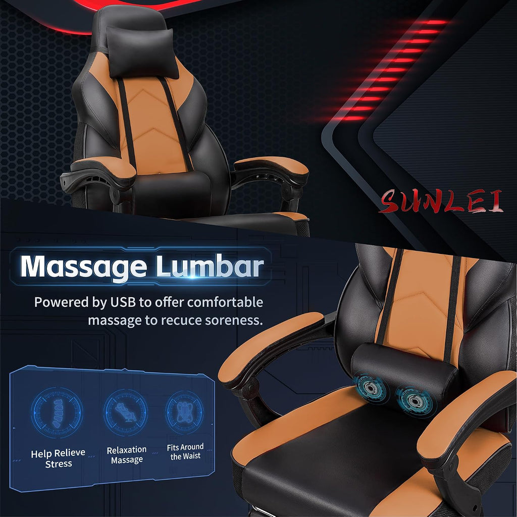 SUNLEI Gaming Chair for Adults, Ergonomic PU Leather Office Chair with Headrest & Footrest, Video Game Chairs with Massage Lumbar Support, Height Adjustable Computer Chair with 360° Swivel, Walnut Red
