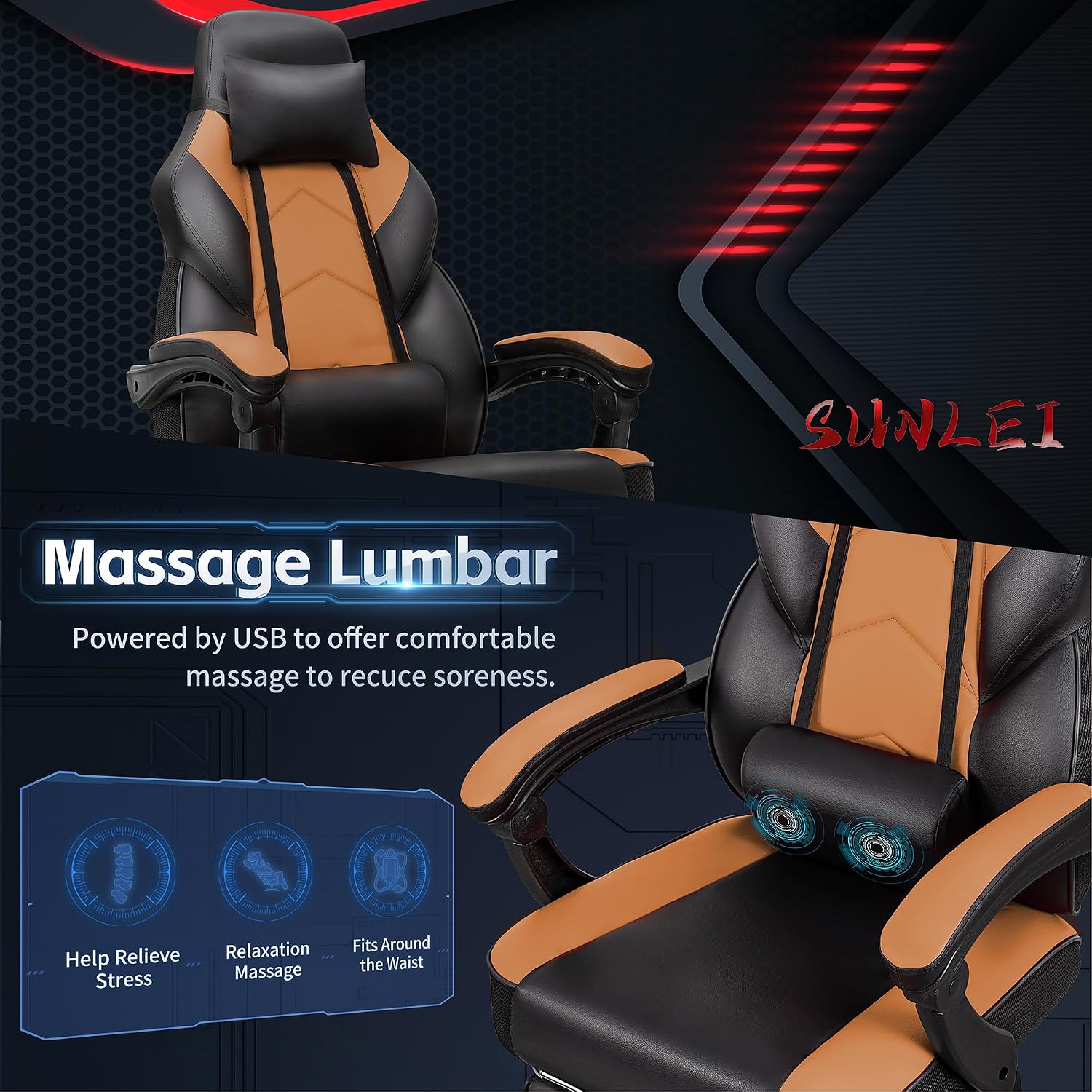 SUNLEI Gaming Chair for Adults, Ergonomic PU Leather Office Chair with Headrest & Footrest, Video Game Chairs with Massage Lumbar Support, Height Adjustable Computer Chair with 360° Swivel, Walnut Red