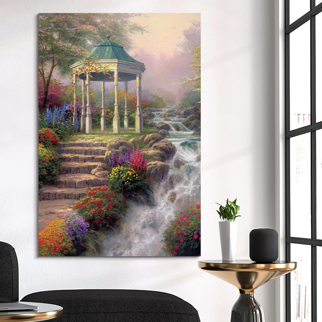 STUDIO HAVEN Thomas Kinkade Canvas Wall Art, Ornate Garden Pavilion Cascading Stream Colorful Wildflowers Oil Painting Poster Tranquil Nature Wall Decor, Framed Prints for Home Decor, 32x48Inch