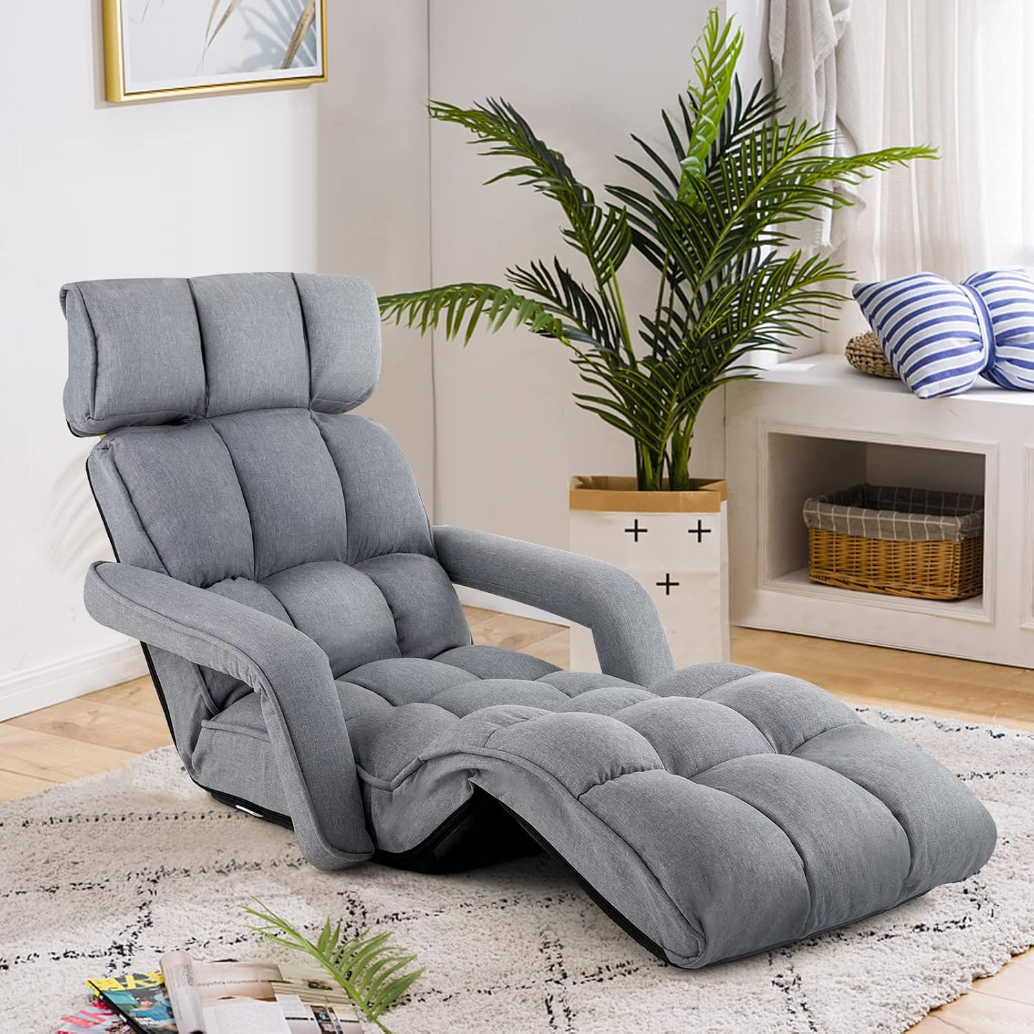 Giantex Foldable Lazy Sofa Bed, 6-Position Adjustable Floor Chair Chaise Lounge with Armrest and Footrest, Padded Gaming Recliner for Reading Living Room Bedroom Indoor (Gray)