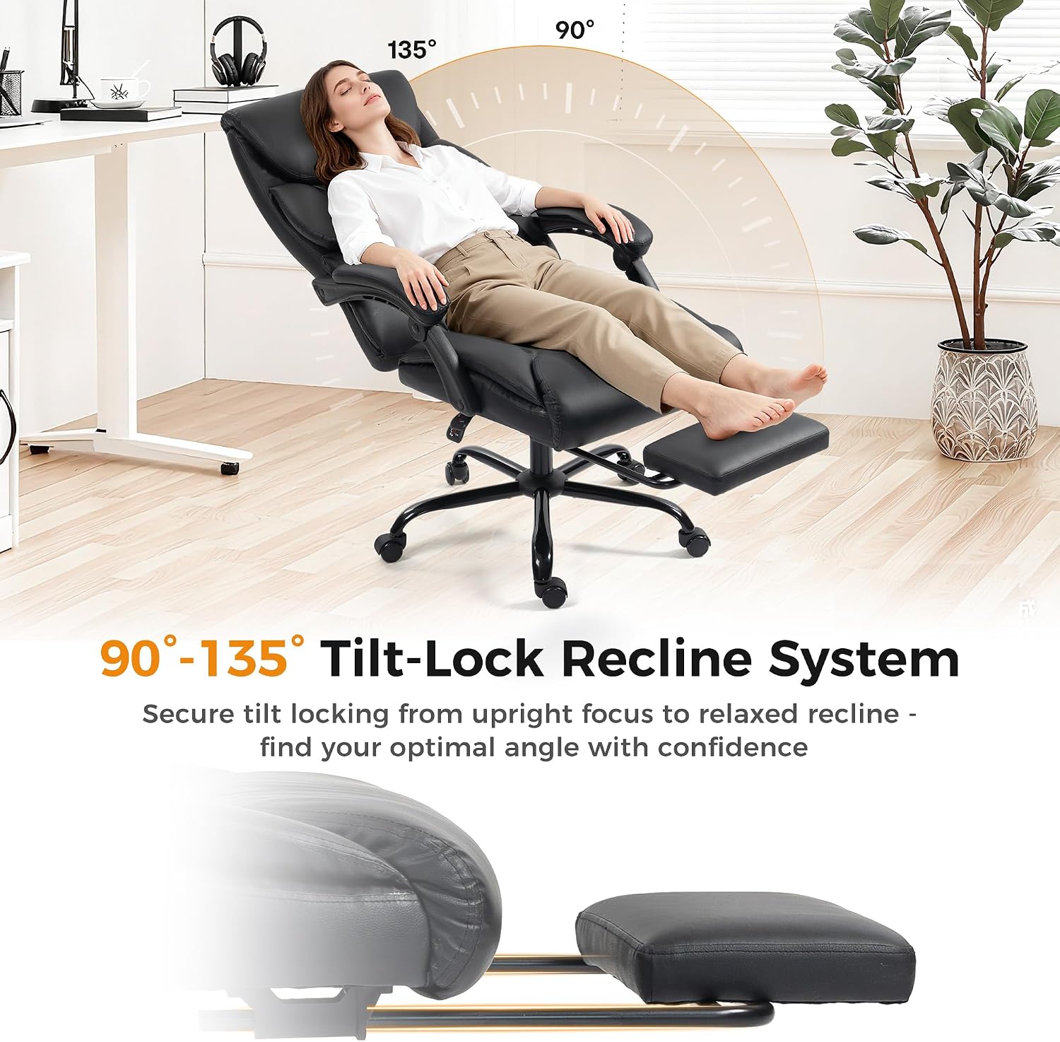 Office Chair, Executive High Back Leather Home Office Desk Chair with Footrest & Lumbar Support - Ergonomic Reclining Comfortable Wide Swivel Rolling Gaming Computer Chair 90-135° Adjustable Tilt Lock