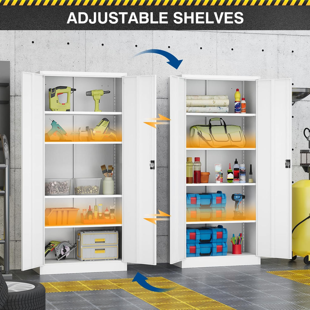 Fesbos Metal Storage Cabinet-72' Tall Steel File Cabinets with Lockable Doors and Adjustable Shelves-White Steel Storage Cabinet for Kitchen, Office, Garage