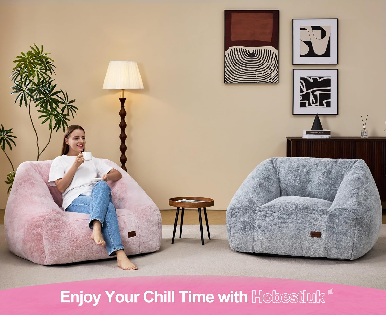 Hobestluk Giant Bean Bag Chair Memory Foam Filled Sofa Chair Bean Bag for Adults/Teens/Kids, Oversized Lazy Accent Comfy Stuffed BeanBag Sofa for Living Room Bedroom Dorm Reading(Light Pink)