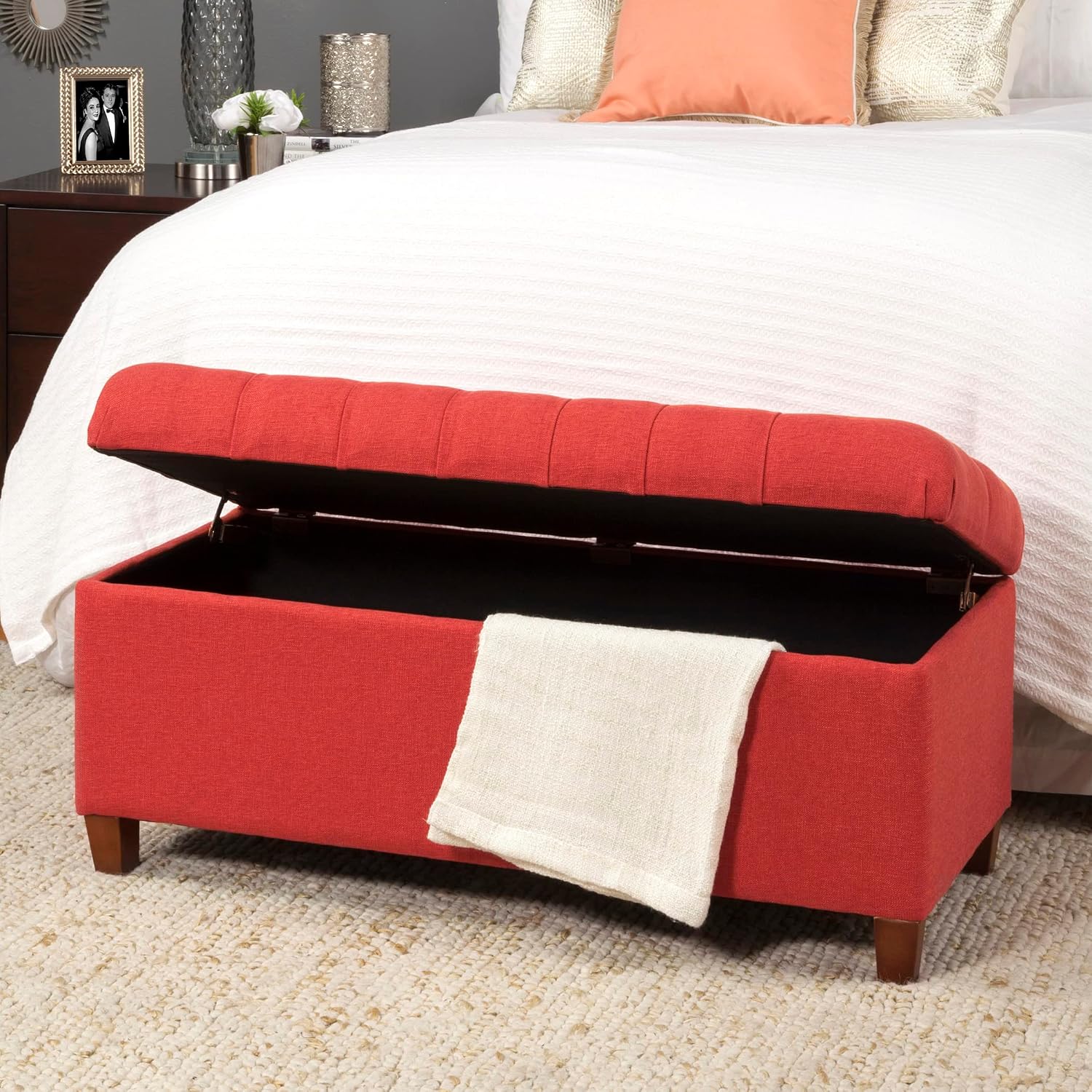 Homepop Home Decor | Tufted Ainsley Button Storage Ottoman Bench with Hinged Lid | Ottoman Bench with Storage for Living Room & Bedroom, Cranberry