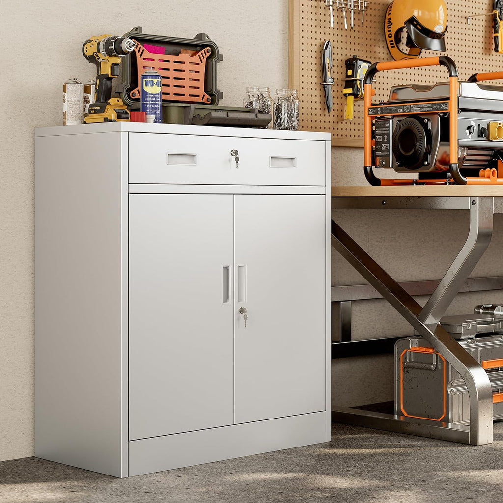 BESFUR Metal Garage Storage Cabinet with One Lockable Drawer 2 Locking Doors and an Adjustable Shelf, 36' White Metal Short Storage Cabinet for Home Office, Garage,School,Utility Room