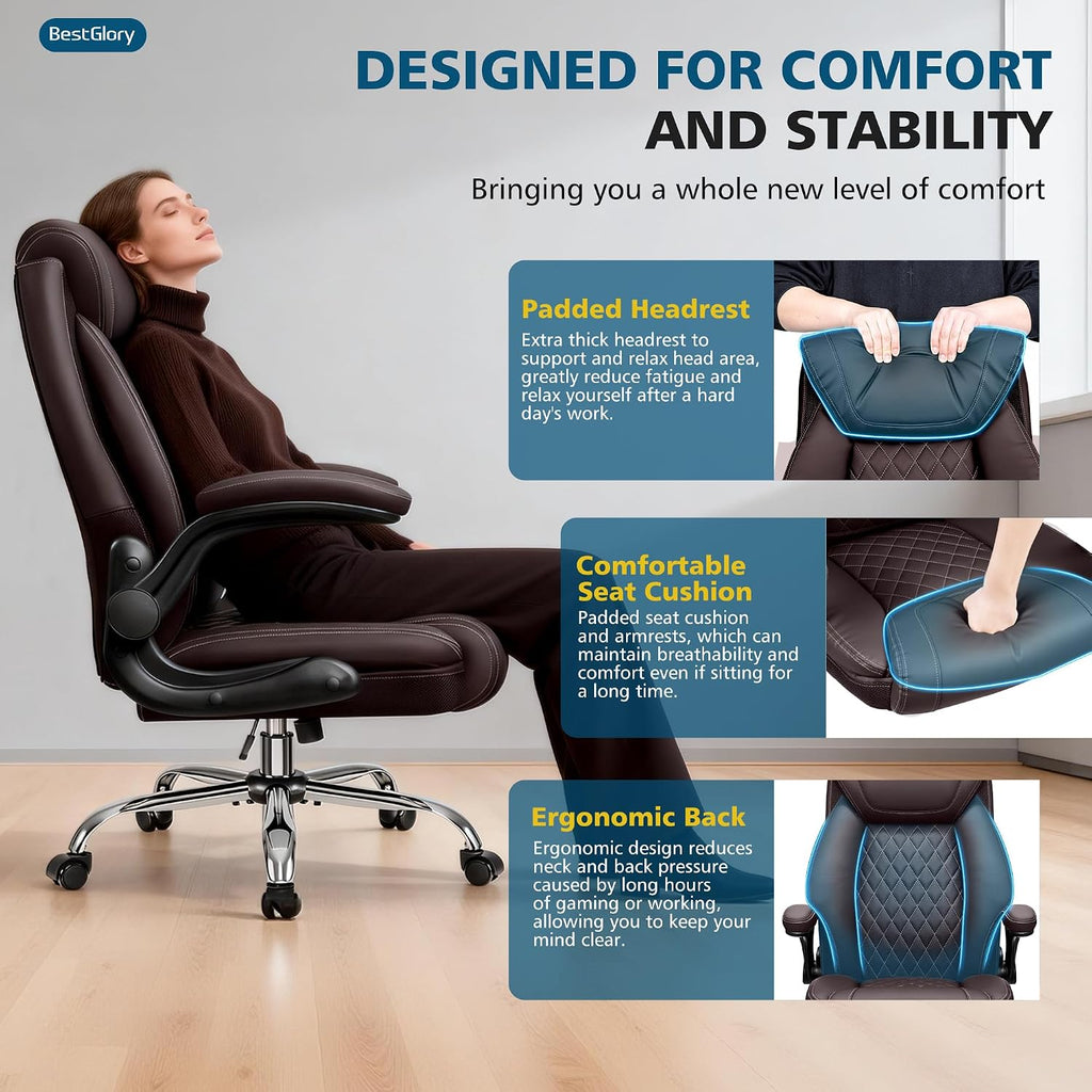 Office Chair, Executive Leather Office Chairs with Rocking Function, Big and Tall Ergonomic Computer Chair with Lumbar Support Flip-Up Armrests, Comfortable Gaming Chairs for Home Ofiice