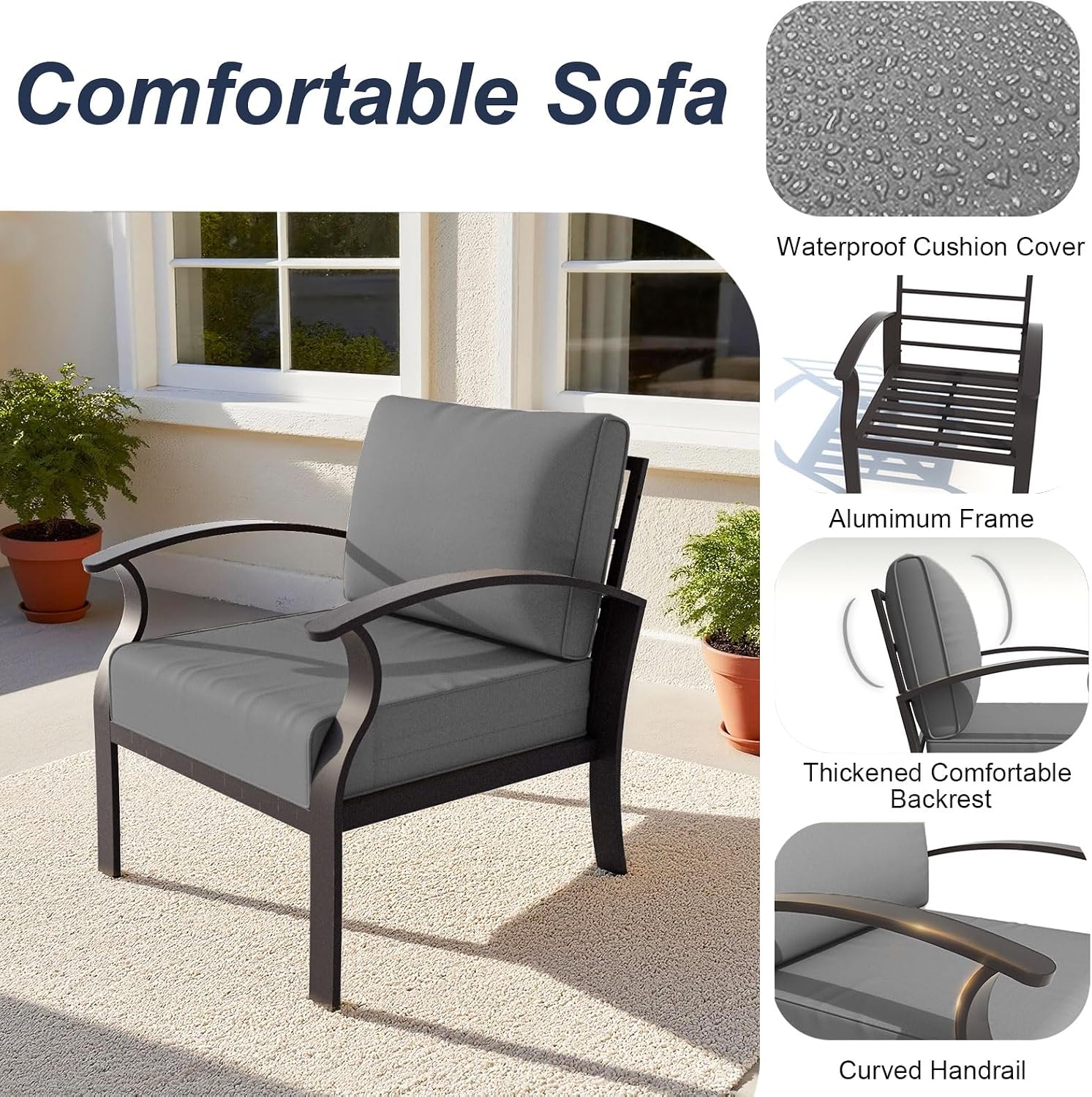 ALAULM Aluminum Patio Furniture Set with Propane Fire Pit Table 5-seat Metal Outdoor Furniture w/Fire Pit Sectional Sofas w/5.1' Cushions for Patio, Backyard, Poolside-Grey