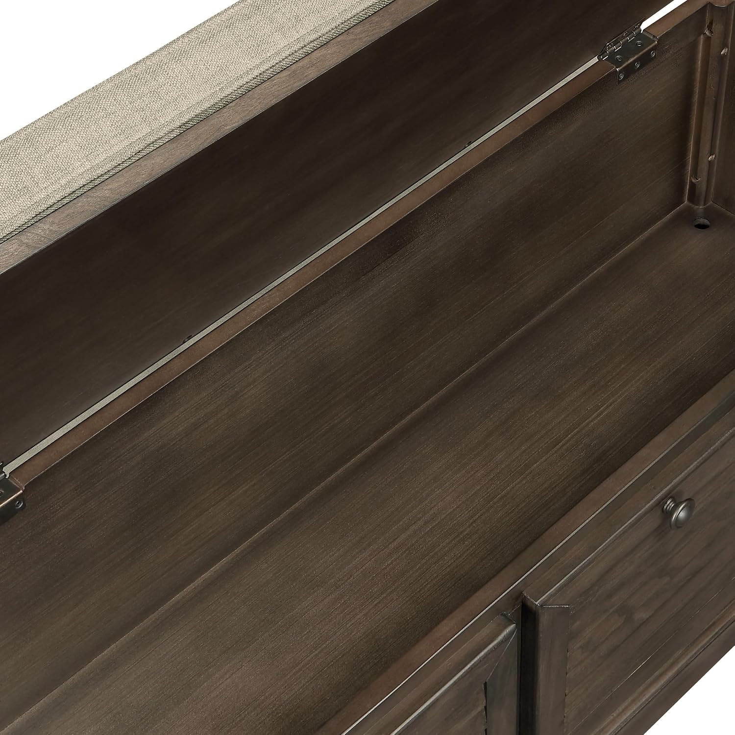 OSP Home Furnishings Dover Coastal Lift-Top Storage Bench with Shutter Face Styling, Dark Walnut Finish with Beige Fabric Cushion