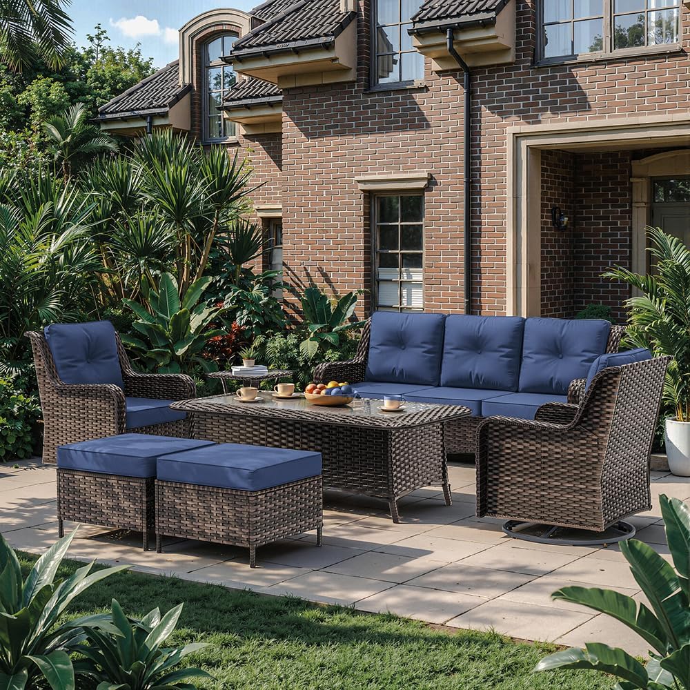 Kurapika 7-Piece Patio Furniture Set, Wicker Thick-Backed Outdoor Swivel Rocking Chair, Includes Coffee Table and Thick Cushions, Conversation Set for Porch,Patio, Navy Blue