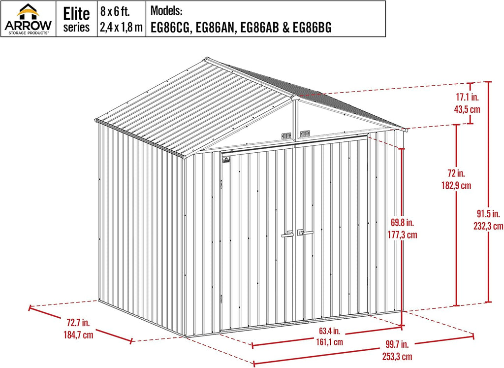 Arrow Shed Elite 8' x 6' Tall Outdoor Steel Storage Shed with High Gable and Lockable Doors Storage Building, Anthracite