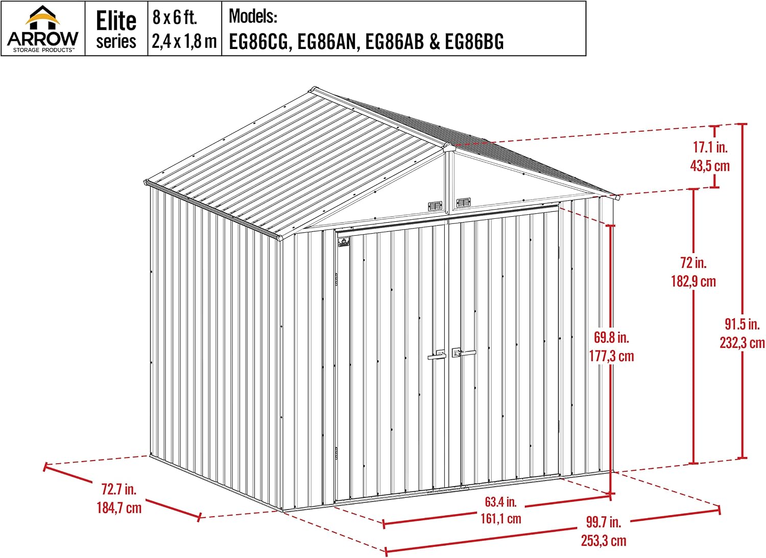 Arrow Shed Elite 8' x 6' Tall Outdoor Steel Storage Shed with High Gable and Lockable Doors Storage Building, Anthracite