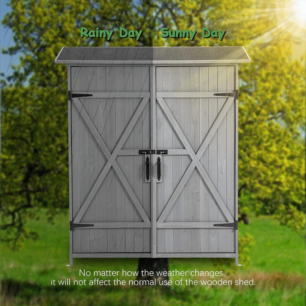 Tmsan Outdoor Storage Cabinet, Outside Wood Shed with Waterproof Roof & Detachable Shelves & Double Locks, Vertical Tool Storage Box for Patio, Garden, Backyard, Grey