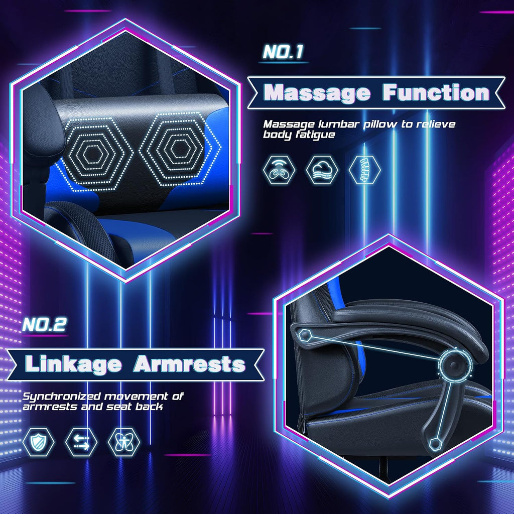 Shahoo Gaming Chair with LED Lights, Footrest and Massage Lumbar Support, Ergonomic Computer Seat Height Adjustable with 360°Swivel and Headrest, Blue with RGB