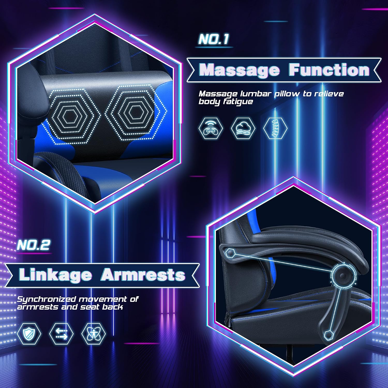 Shahoo Gaming Chair with LED Lights, Footrest and Massage Lumbar Support, Ergonomic Computer Seat Height Adjustable with 360°Swivel and Headrest, Blue with RGB