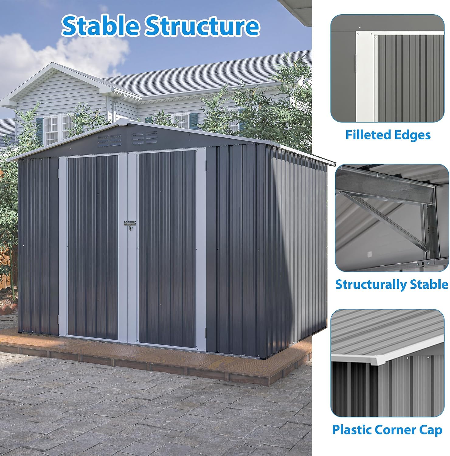 10x8 ft Outdoor Storage shed All Weather Metal Garden shed with Lockable Double Doors Tool Storage for Backyard Patio Lawn and Garden Organization Large Capacity (8x6 ft Grey with Floor Frame)
