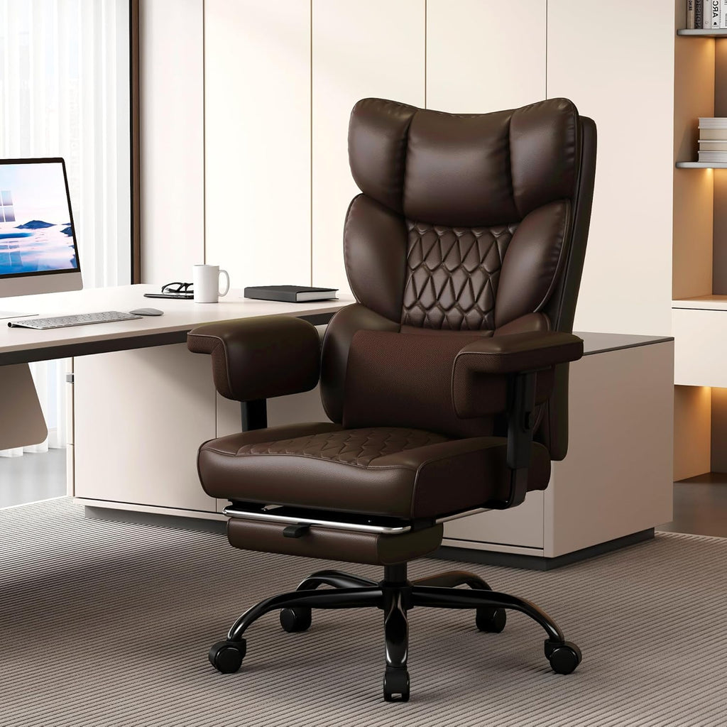 Misolant Big and Tall Office Chair with Footrest, High Back Executive Desk Chair with Adjustable Lift Armrest, 155°Recline，Lumbar Support Pillow, Faux Leather Gaming Chairs for Home or Office Brown
