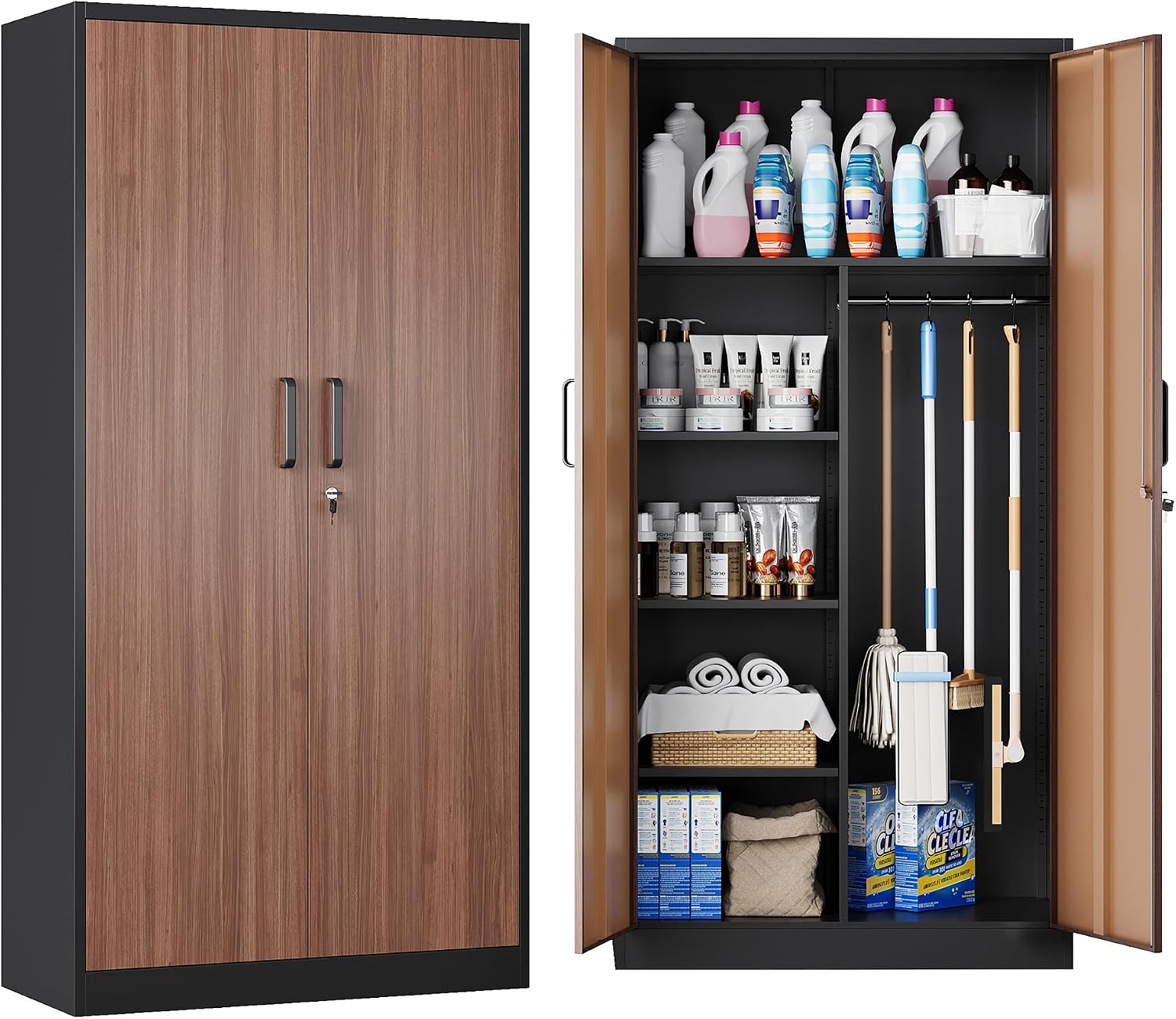 Broom Closet Storage Cabinet with Lock, Metal Garage Storage Cabinet with Doors and Shelves, Steel Wardrobe Cabinet with Hanging Rod, Utility Cabinets Closet for Kitchen, Office, Shop, Warehouse