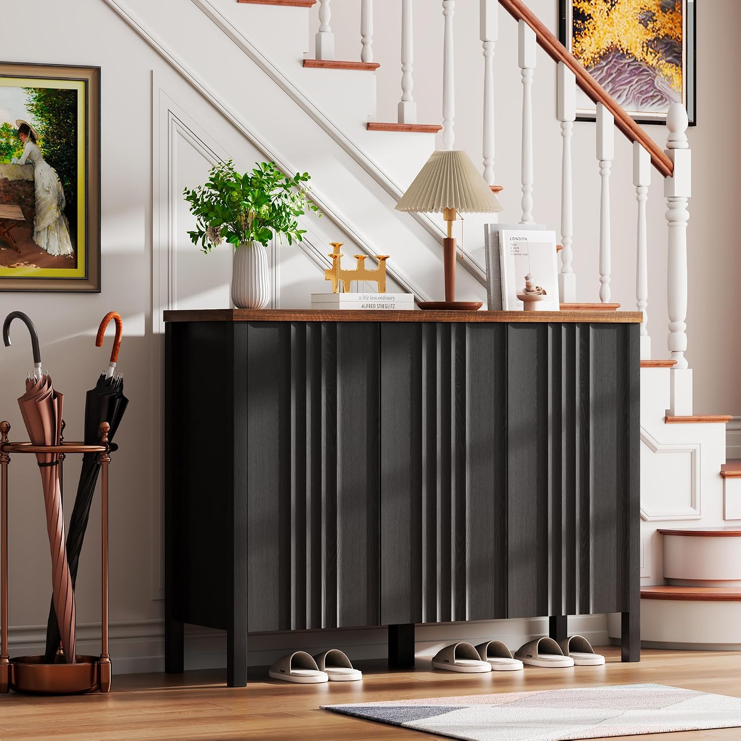 Vlsrka Shoe Cabinet with 3 Doors, Narrow Wooden Shoe Cabinet, Hidden Shoe Storage for Entryway, Foyer, Hallway