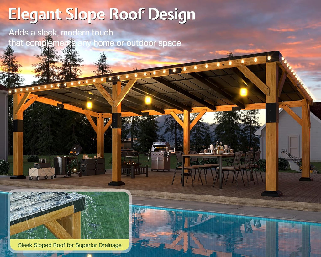 Jocisland 12' x 24' Cedar Wood Gazebo with Sloped Galvanized Steel Roof, Hardtop Gazebo Pavilion with Durable, Rot-Resistant Construction, Permanent Outdoor Pergola for Backyard, Garden & Deck