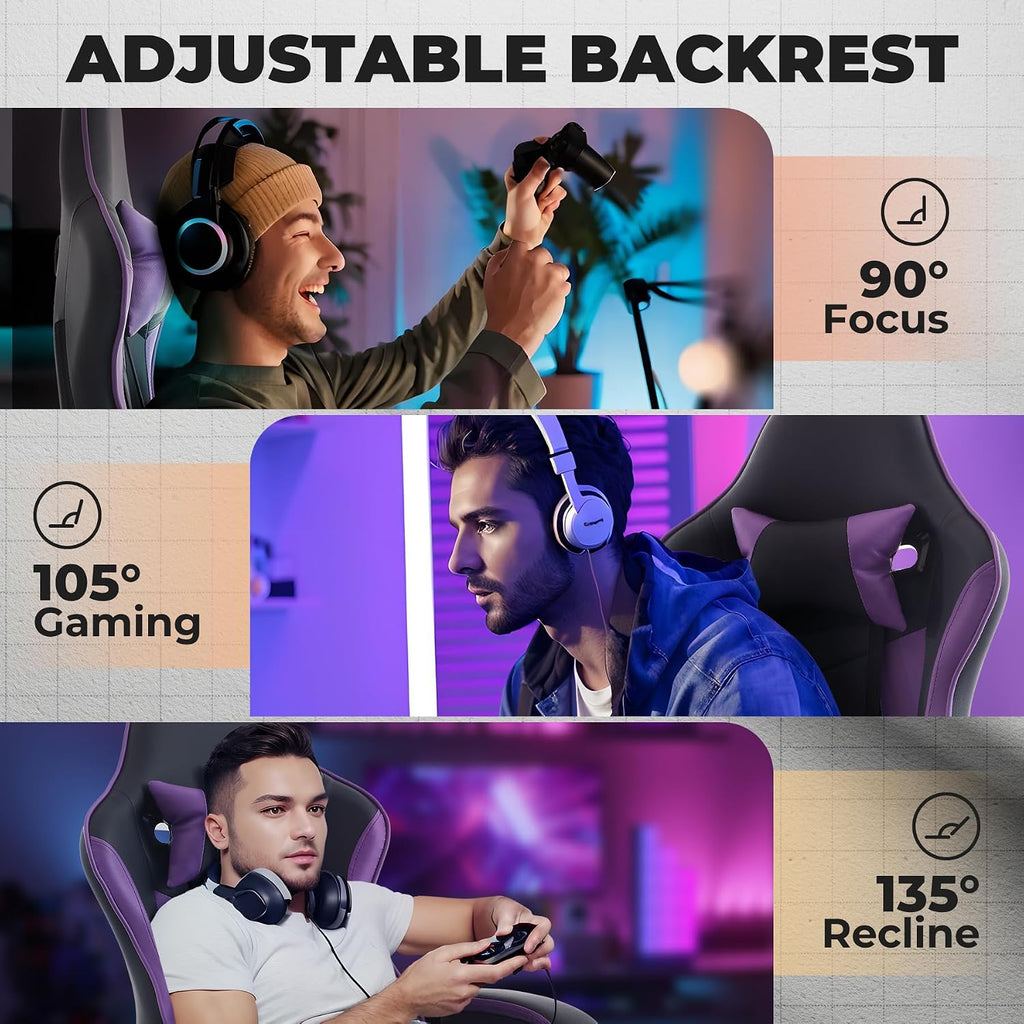 Gaming Chair with Footrest, Ergonomic Computer Chair with Headrest and Lumbar Support, Breathable Material Height Adjustable Swivel Video Game Chairs for Adults, 300lbs Max, Black & Purple
