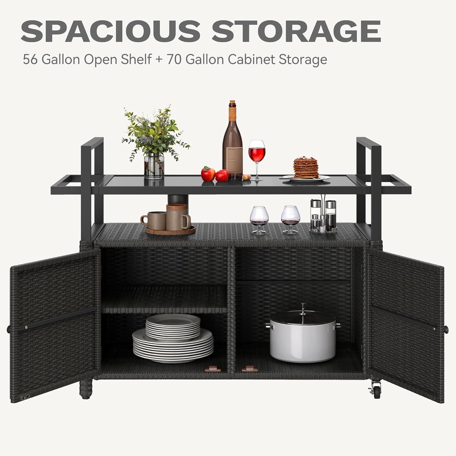 DWVO Patio Storage Cabinet,Outdoor Bar Cart with Glass Top,Outdoor Storage Table with Wheels for Patio, Poolside and Backyard,Black