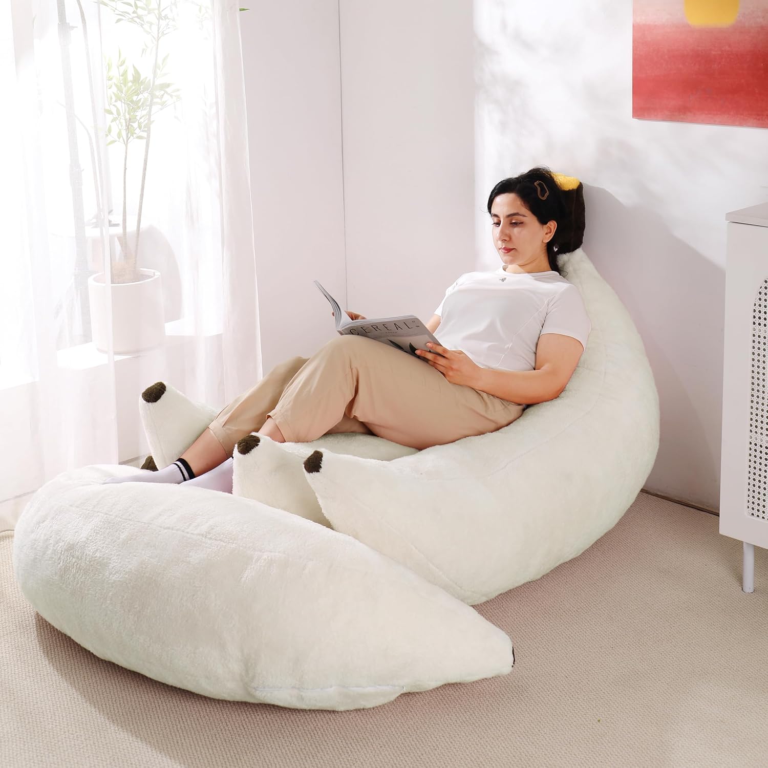 Banana Bean Bag Chair with Ottoman, Floor Sofa Bed with Footrest, Comfy Convertible Lounger for Adults, Plush Couch for Bedroom, Living Room or Dorm, L-Cream