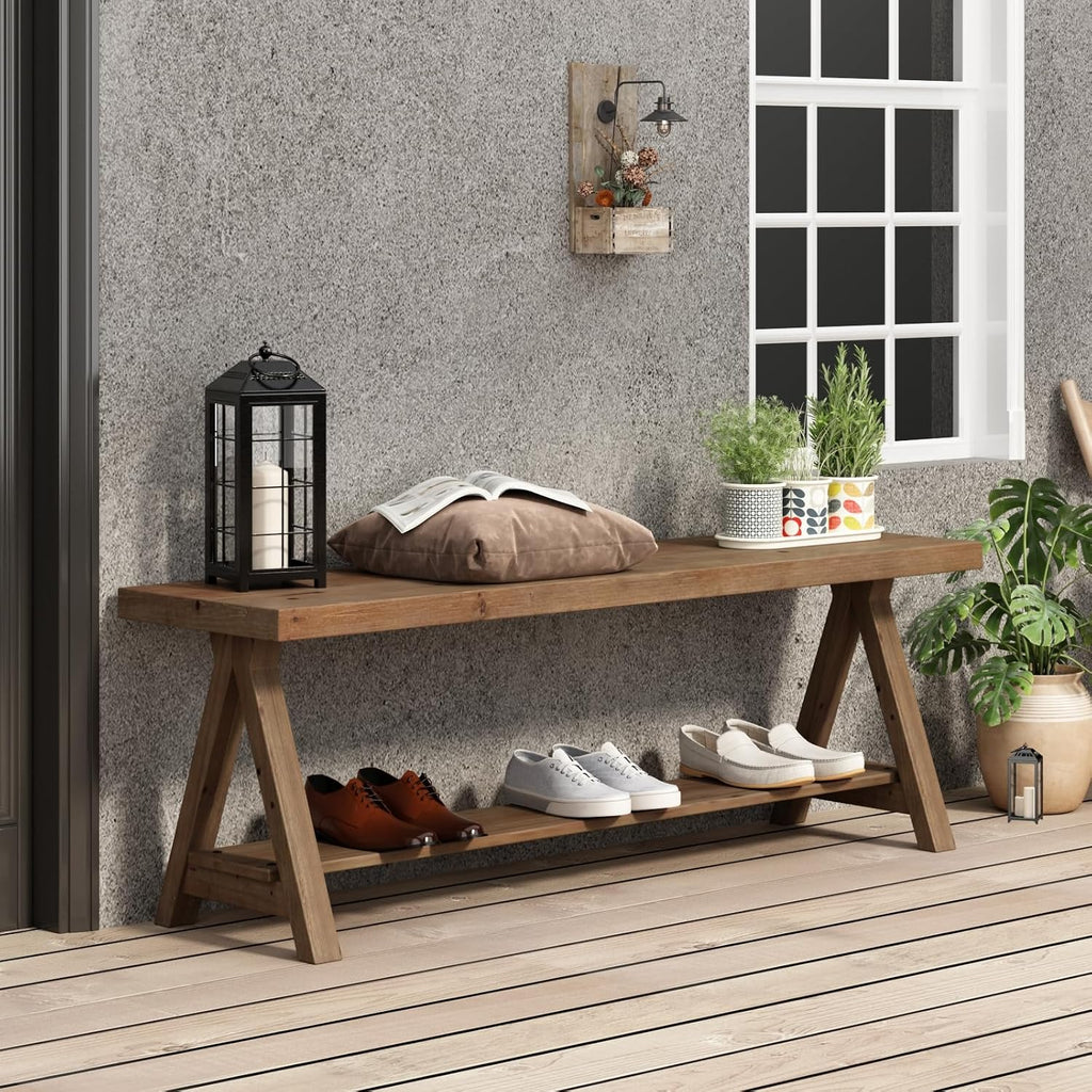 RowyPoey 51' Solid Wood Bench, Long Farmhouse Entryway Bench with Storage Shelf, Triangular Leg Design, Narrow Rustic Benches for Hallway, Bedroom, Dining, Kitchen